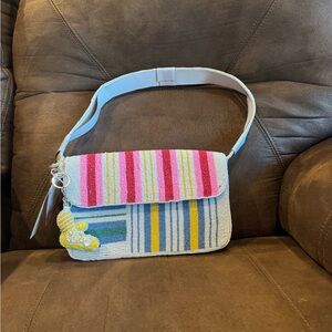 VIRAL MARSHALLS Colorful Striped Beaded Bag with Banana Charm